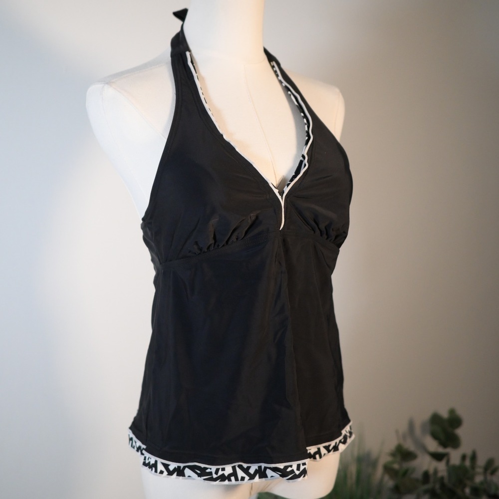 Rekita Womens Black Halter Tankini Swim Top Geometric Trim Size Large